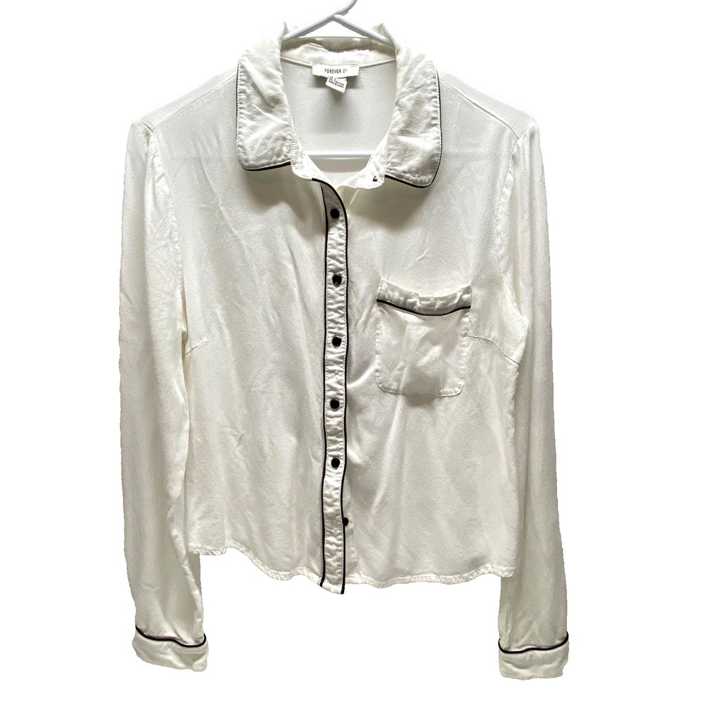 Forever 21 Blouse Women's Large White‎ Black Accent Button Down Long Sleeve GUC
